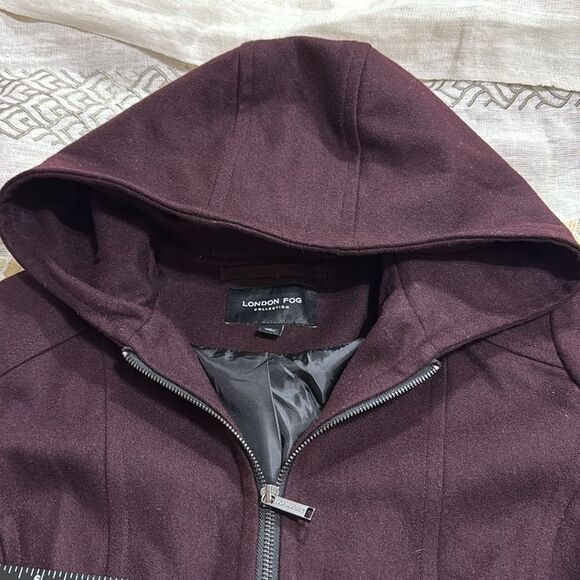 (W3) London Fog Wool Blend Zip Up Hooded Coat, Wine Red, Size L - Picture 4 of 14